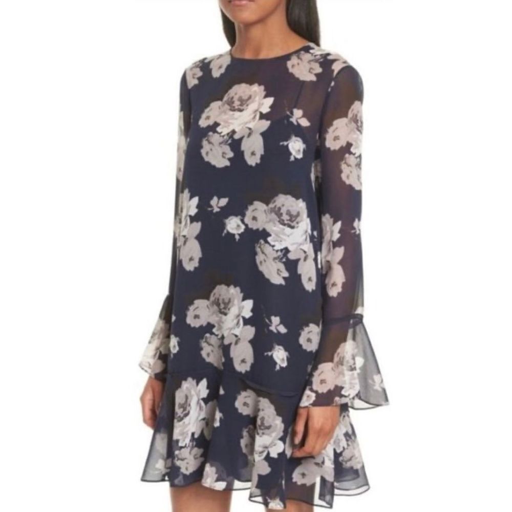 Theory Marah Floral Chiffon Dress Blue Size 6 Sheer Mini Dress